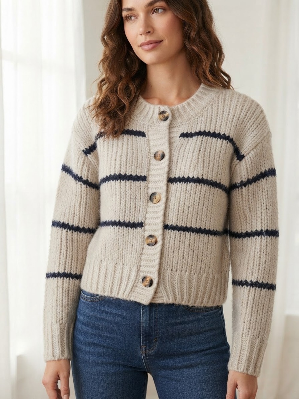 Clement Button Down Ribbed Cardigan Cream Navy XS Old Money H0080